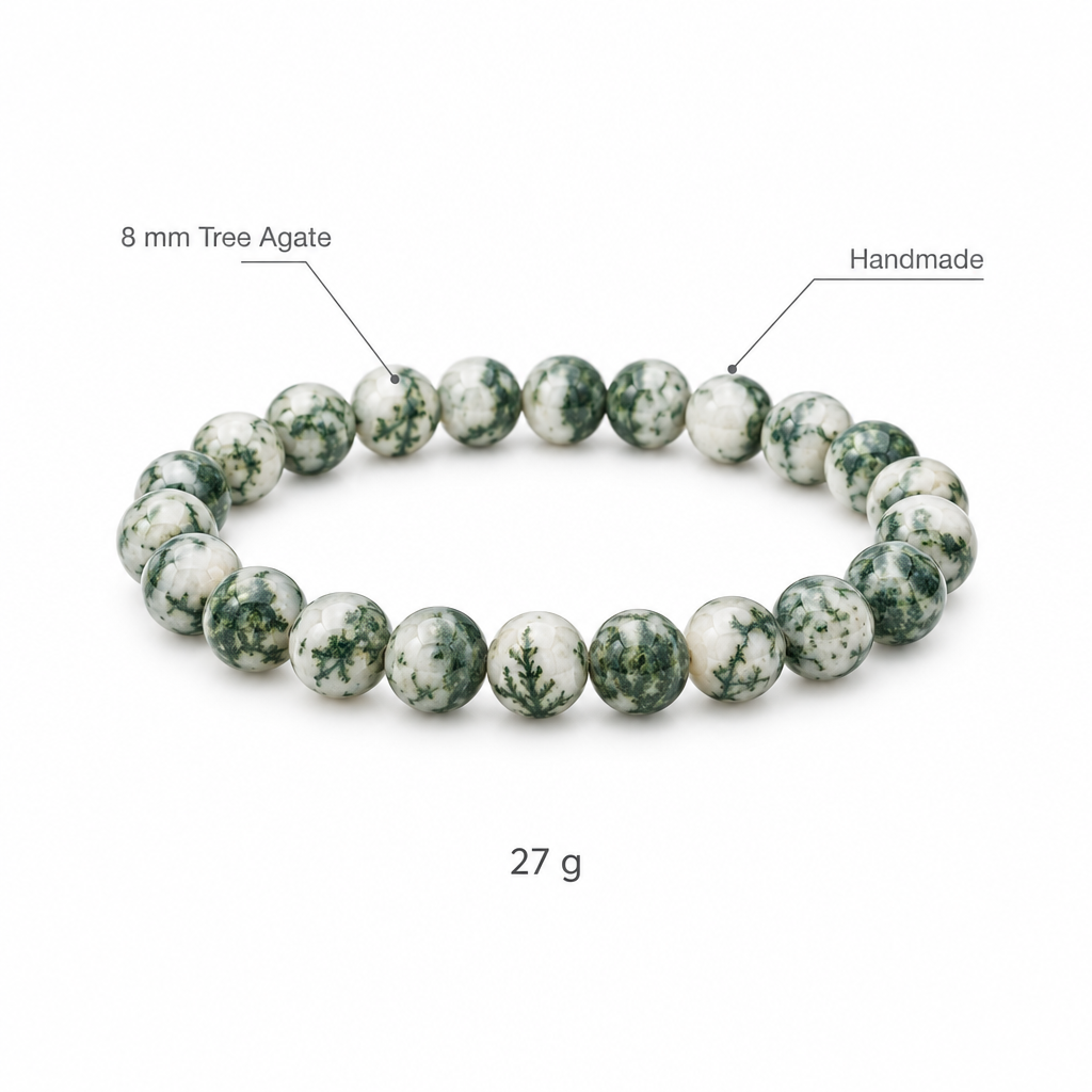 Bransoletka z agatu drzewnego, specyfikacja na bialym tle, 8 mm Tree Agate, Handmade, 27 g