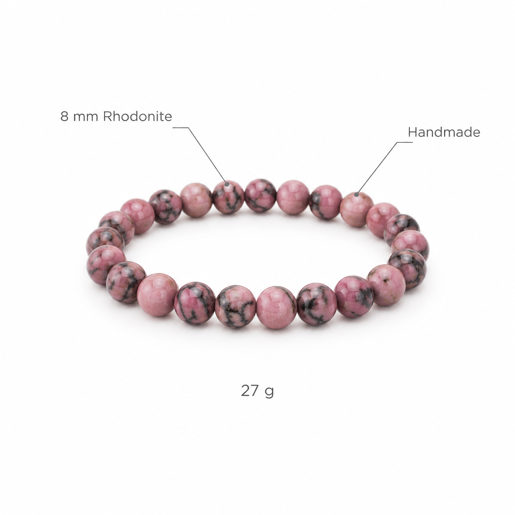 Bransoletka z rodonitu, specyfikacja na bialym tle, 8 mm Rhodonite, Handmade, 27 g