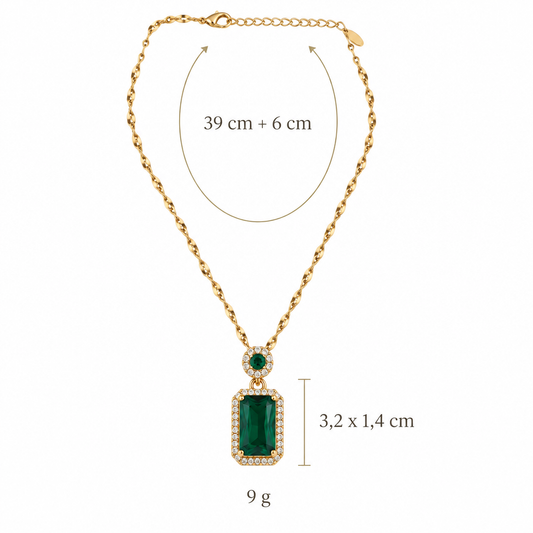 Wymiary naszyjnika ze szmaragdową cyrkonią: długość 39 cm + 6 cm, kamień 3,2 x 1,4 cm, waga 9 g