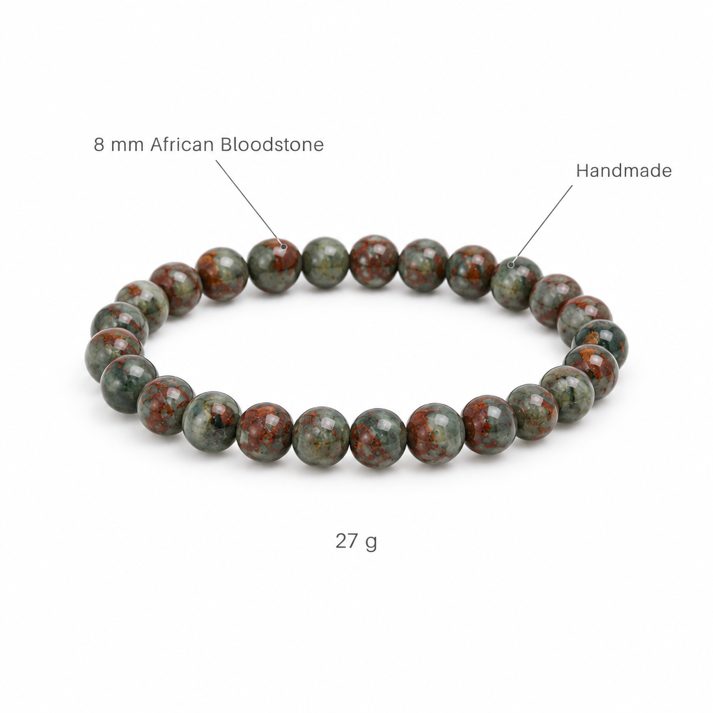 Bransoletka z afrykanskiego kamienia krwi, specyfikacja na bialym tle, 8 mm African Bloodstone, Handmade, 27 g