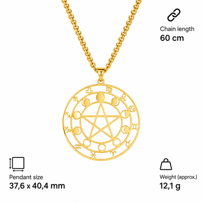 Specyfikacja złotego naszyjnika z pentagramem i zodiakiem – wisiorek 37,6 × 40,4 mm, łańcuszek 60 cm, waga ok. 12,1 g