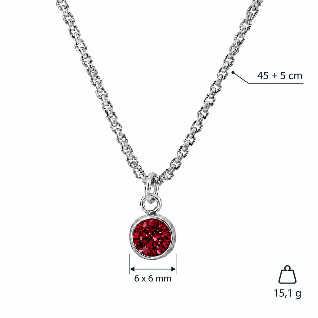 Specyfikacja srebrzystego naszyjnika ze stali nierdzewnej 304: okrągła czerwona cyrkonia 6 × 6 mm, łańcuszek 45 + 5 cm, waga 15,1 g, na białym tle