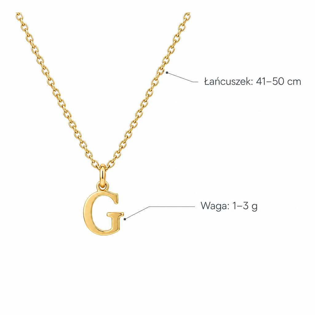 Złoty naszyjnik z literą G – specyfikacja: łańcuszek 41–50 cm, waga 1–3 g