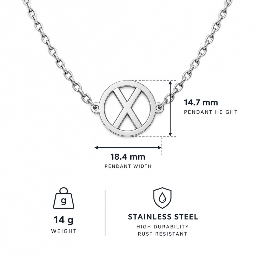 Wymiary i specyfikacja srebrnego naszyjnika z symbolem X 14,7 na 18,4 mm
