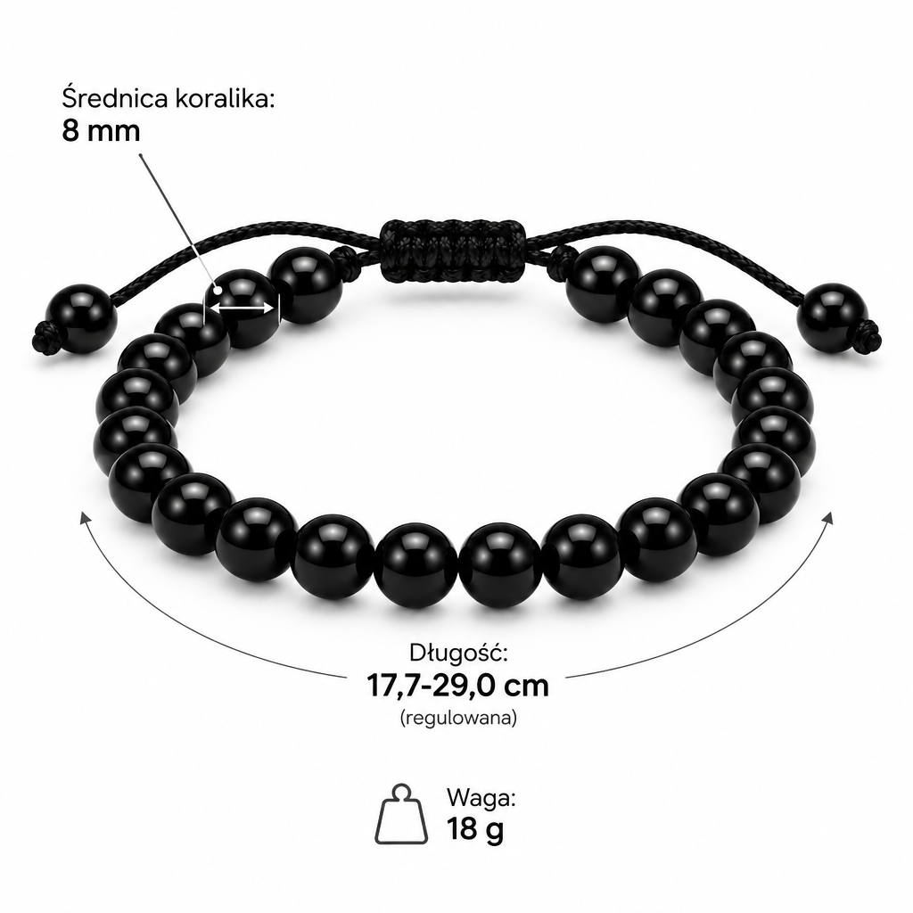 Specyfikacja bransoletki z czarnego agatu: średnica koralika 8 mm, długość regulowana 17,7–29,0 cm, waga 18 g